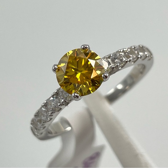 1ct Certified Yellow Moissanite Round Cut Sterling Silver Engagement Ring